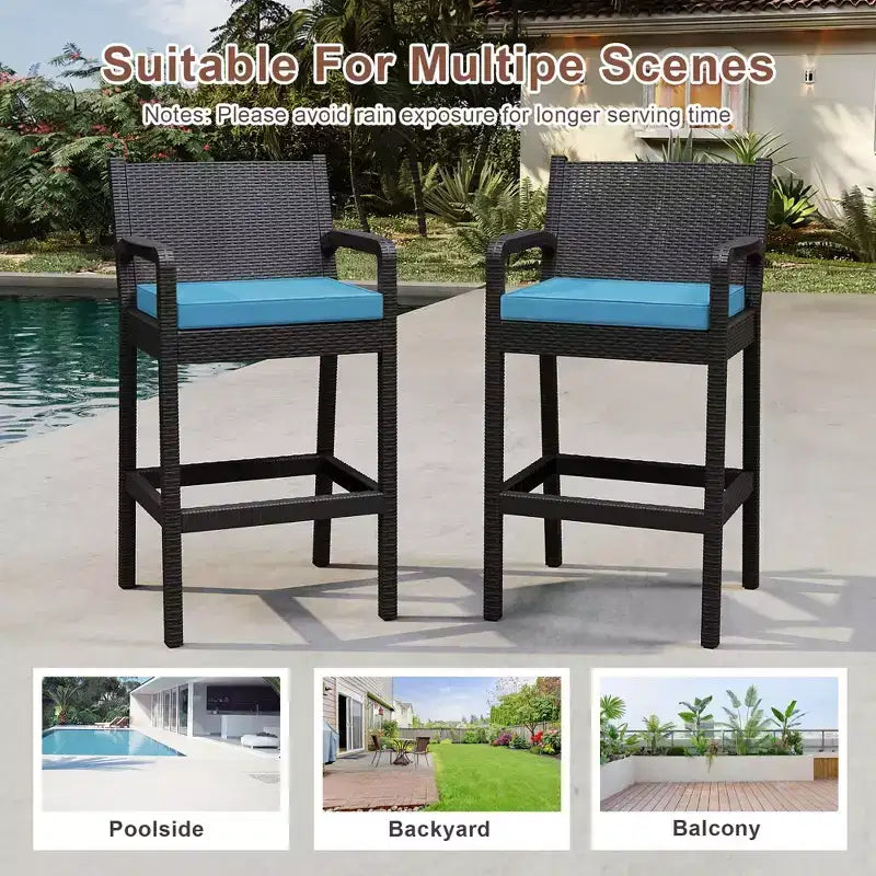 Sgabelli da bar in vimini per esterni, set da 2 - Altezza bancone 76 cm, capacità 150 kg, cuscini spessi, rattan per tutte le stagioni per patio e piscina
