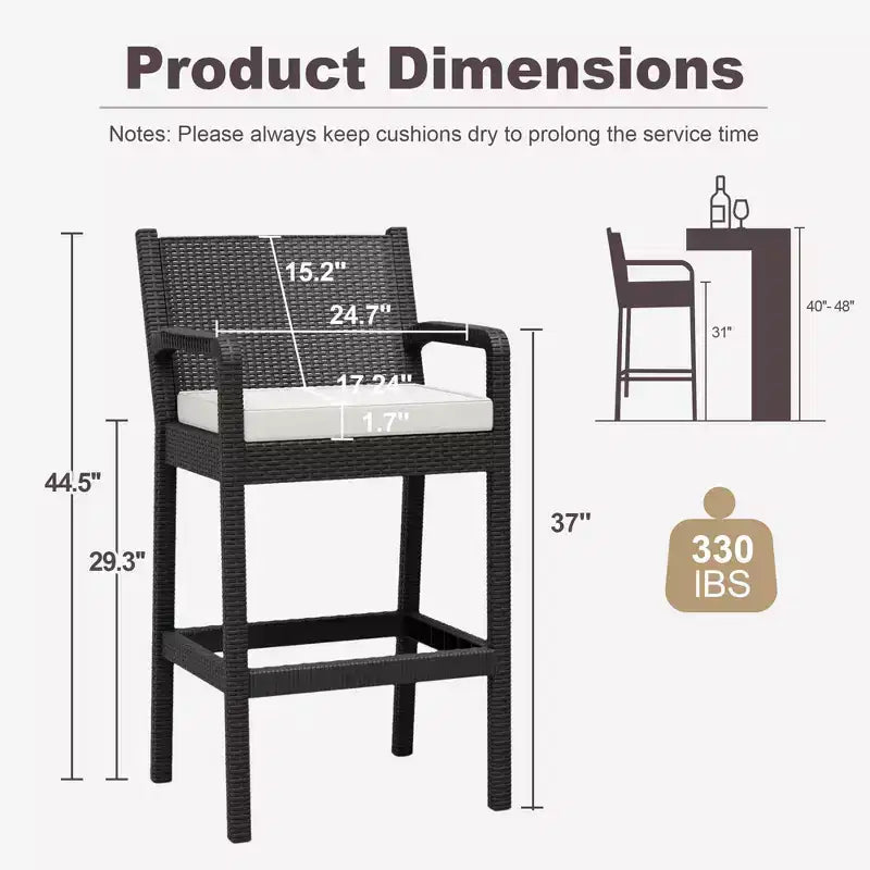 Sgabelli da bar in vimini per esterni, set da 2 - Altezza bancone 76 cm, capacità 150 kg, cuscini spessi, rattan per tutte le stagioni per patio e piscina