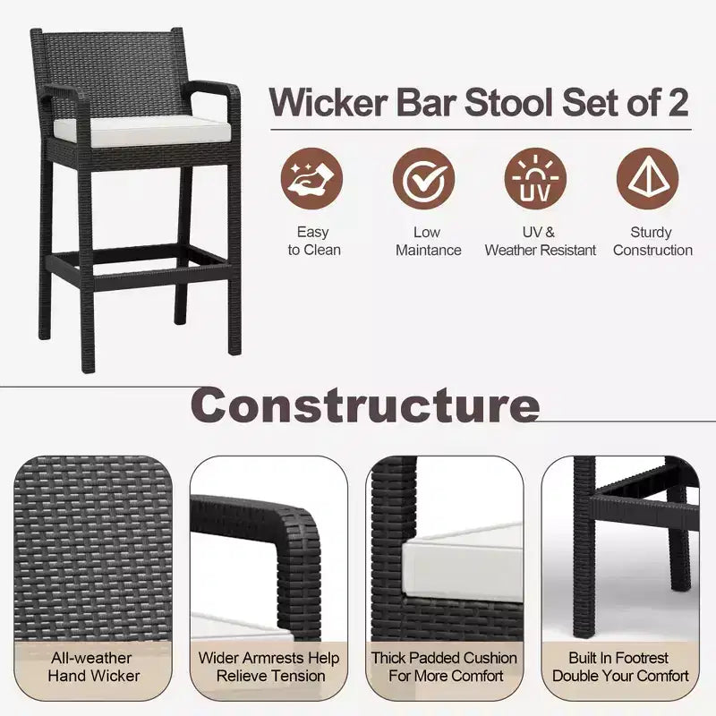 Sgabelli da bar in vimini per esterni, set da 2 - Altezza bancone 76 cm, capacità 150 kg, cuscini spessi, rattan per tutte le stagioni per patio e piscina