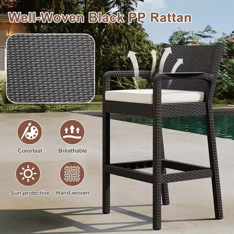Sgabelli da bar in vimini per esterni, set da 2 - Altezza bancone 76 cm, capacità 150 kg, cuscini spessi, rattan per tutte le stagioni per patio e piscina