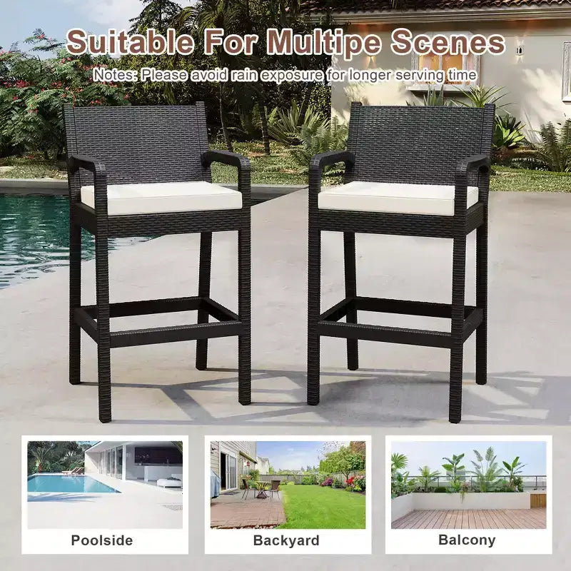 Sgabelli da bar in vimini per esterni, set da 2 - Altezza bancone 76 cm, capacità 150 kg, cuscini spessi, rattan per tutte le stagioni per patio e piscina
