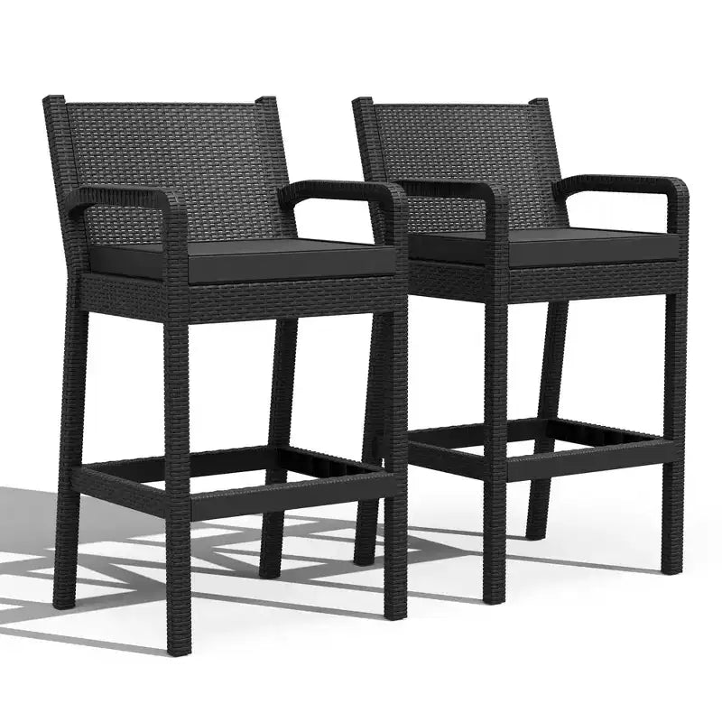 Sgabelli da bar in vimini per esterni, set da 2 - Altezza bancone 76 cm, capacità 150 kg, cuscini spessi, rattan per tutte le stagioni per patio e piscina