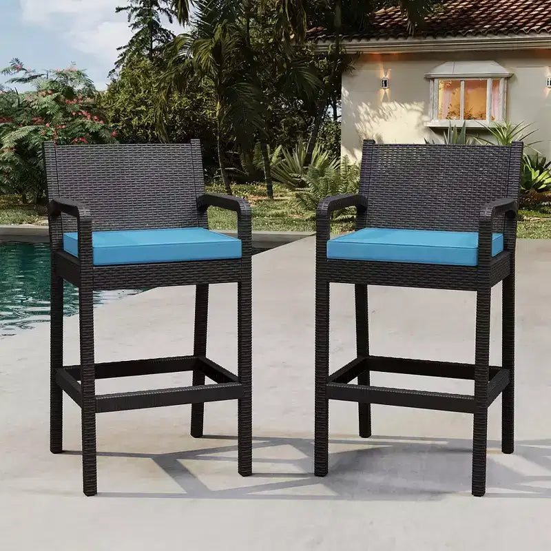 Sgabelli da bar in vimini per esterni, set da 2 - Altezza bancone 76 cm, capacità 150 kg, cuscini spessi, rattan per tutte le stagioni per patio e piscina