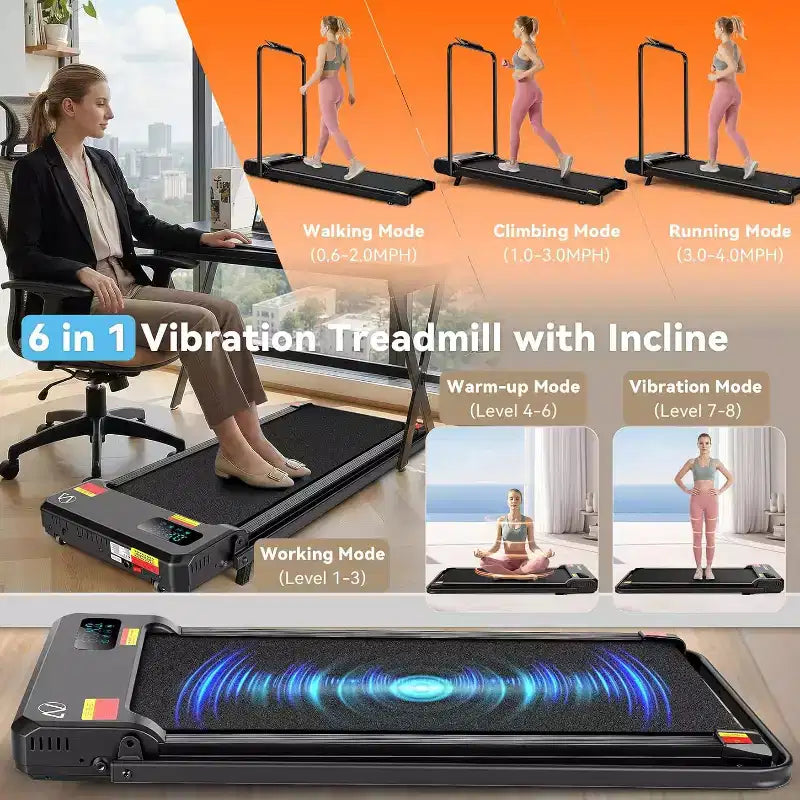 Tapis Roulant KRISRATE 6-in-1 3.5HP con Pedana Vibrante e Inclinazione 12%/15%, Pieghevole Sotto Scrivania per Casa, Ufficio