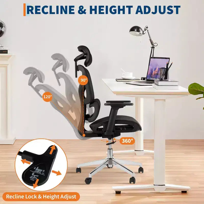 Mesh Ergonomic Office Chair with 4D Armrests Dynamic Lumbar High Back Recline Slide Seat Headrest Silent Wheels for Home Study Gaming