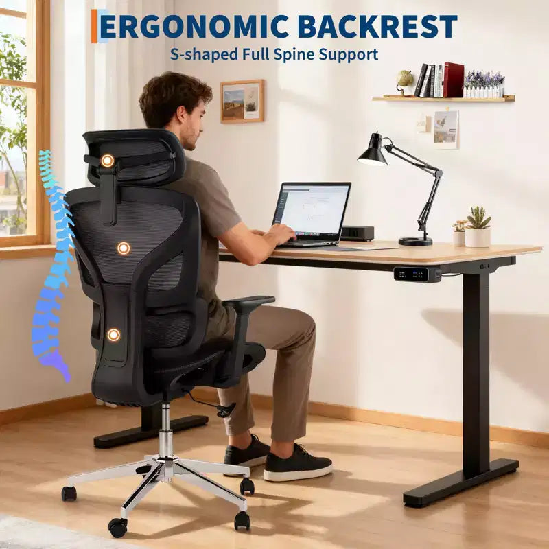Mesh Ergonomic Office Chair with 4D Armrests Dynamic Lumbar High Back Recline Slide Seat Headrest Silent Wheels for Home Study Gaming