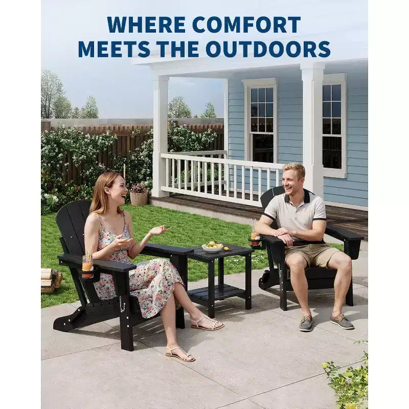 Folding Adirondack Chair Set of 4 with 2 Side Table, HDPE Outdoor Patio Chair with Cup Holder, Wooden Textured for patios, Decks, Gardens, fire Pit