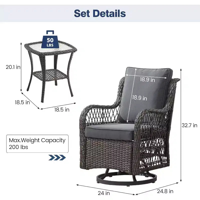 Set di 3 poltrone a dondolo girevoli per patio, girevoli a 360° con tavolino in vetro e comodi cuscini, mobili da esterno in vimini PE per terrazza, portico e piscina