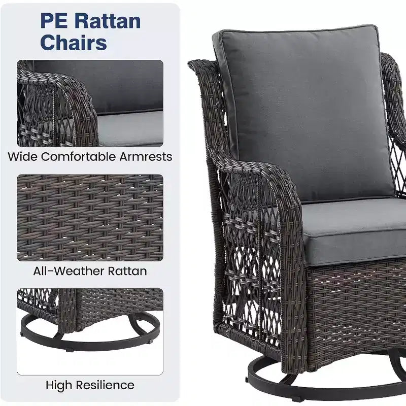 Set di 3 poltrone a dondolo girevoli per patio, girevoli a 360° con tavolino in vetro e comodi cuscini, mobili da esterno in vimini PE per terrazza, portico e piscina