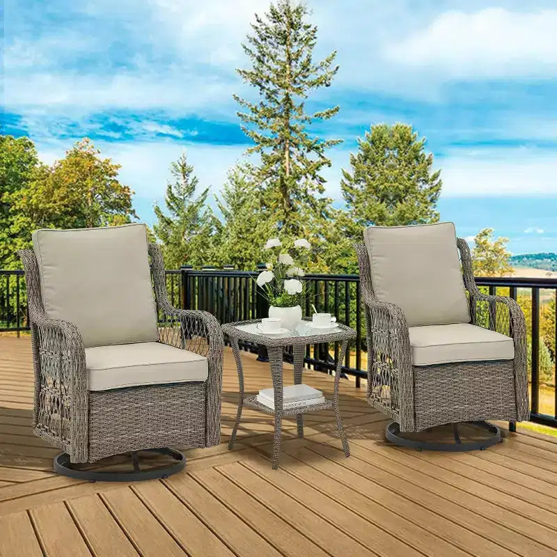 Set di 3 poltrone a dondolo girevoli per patio, girevoli a 360° con tavolino in vetro e comodi cuscini, mobili da esterno in vimini PE per terrazza, portico e piscina