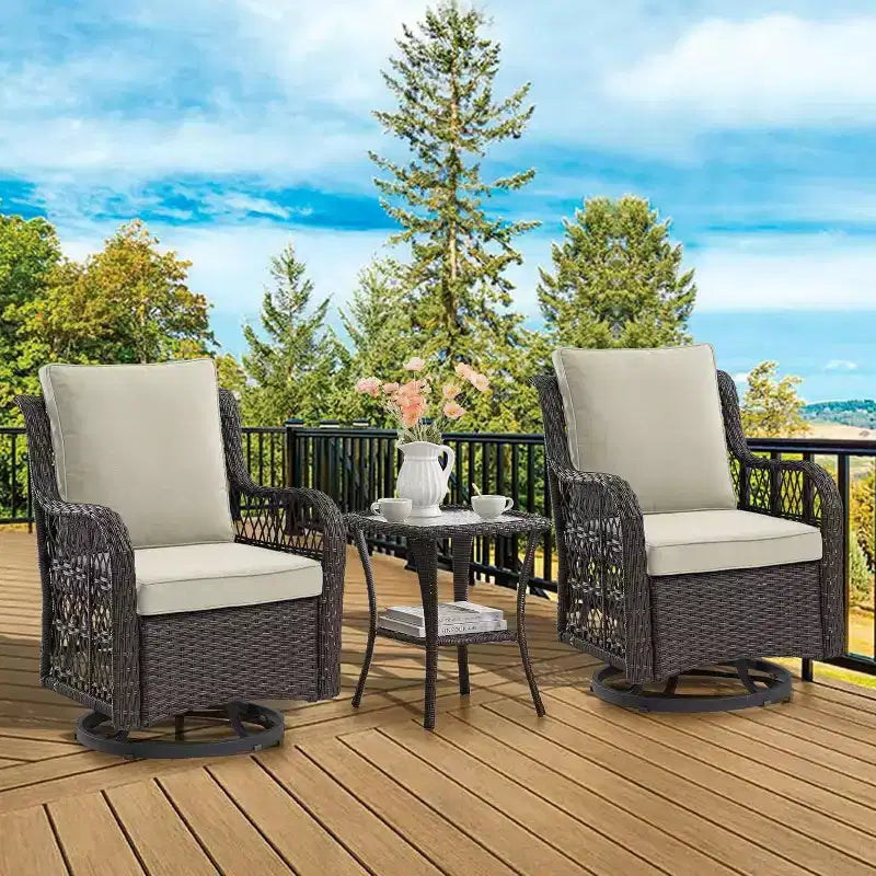 Set di 3 poltrone a dondolo girevoli per patio, girevoli a 360° con tavolino in vetro e comodi cuscini, mobili da esterno in vimini PE per terrazza, portico e piscina