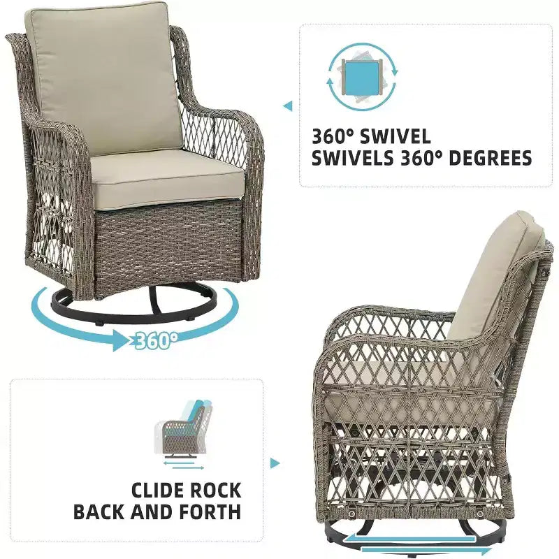 Set di 3 poltrone a dondolo girevoli per patio, girevoli a 360° con tavolino in vetro e comodi cuscini, mobili da esterno in vimini PE per terrazza, portico e piscina