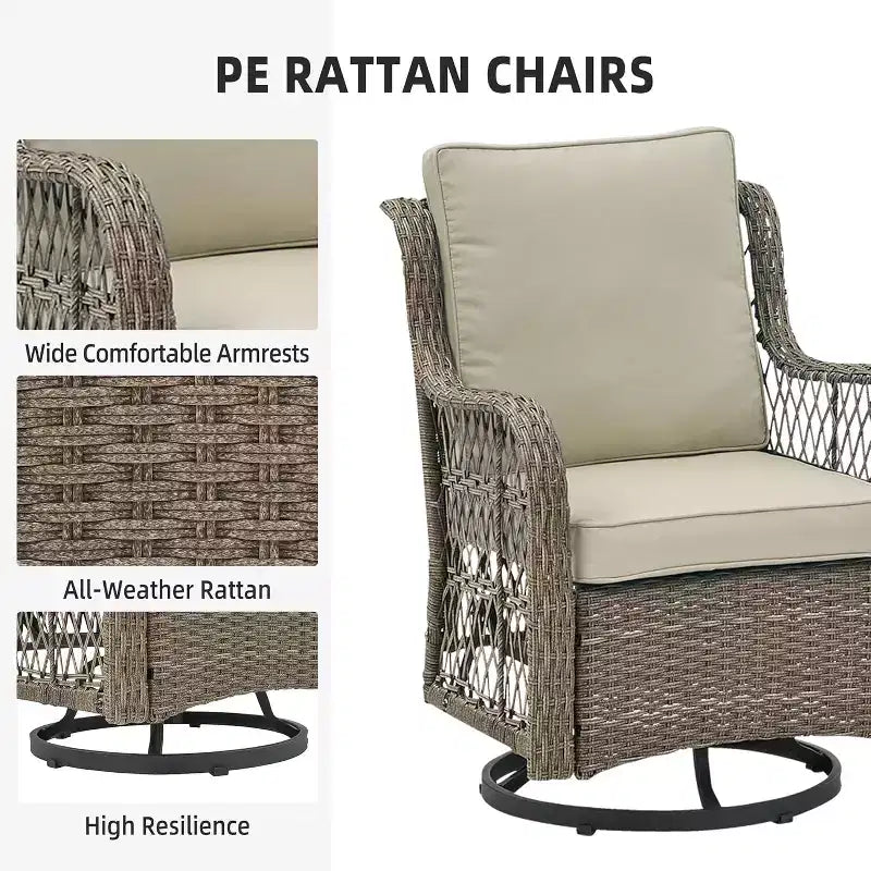 Set di 3 poltrone a dondolo girevoli per patio, girevoli a 360° con tavolino in vetro e comodi cuscini, mobili da esterno in vimini PE per terrazza, portico e piscina
