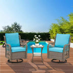 Set di 3 poltrone a dondolo girevoli per patio, girevoli a 360° con tavolino in vetro e comodi cuscini, mobili da esterno in vimini PE per terrazza, portico e piscina