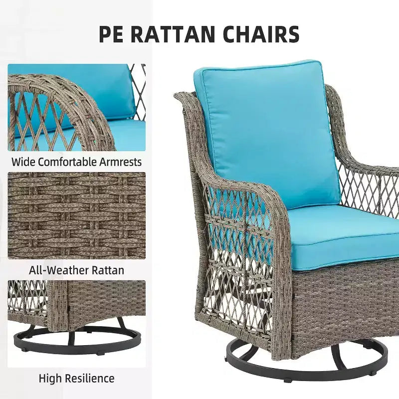 Set di 3 poltrone a dondolo girevoli per patio, girevoli a 360° con tavolino in vetro e comodi cuscini, mobili da esterno in vimini PE per terrazza, portico e piscina