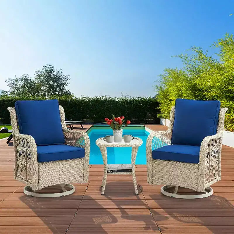 3 Piece Patio Swivel Rocking Chairs Set,360 Swivel with Glass Side Table & Comfortable Cushions,PE Wicker Outdoor Furniture for Deck,Porch and Pool
