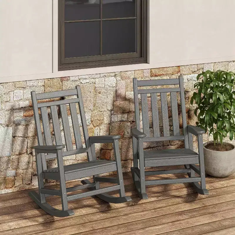 2-Piece All Weather Poly Lumber Outdoor Rocking Chairs, HDPE High Back Porch Rockers for Adults, Weather Resistant Patio Furniture