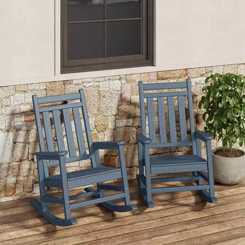 2-Piece All Weather Poly Lumber Outdoor Rocking Chairs, HDPE High Back Porch Rockers for Adults, Weather Resistant Patio Furniture