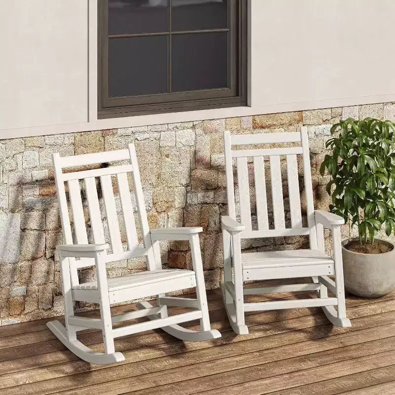 2-Piece All Weather Poly Lumber Outdoor Rocking Chairs, HDPE High Back Porch Rockers for Adults, Weather Resistant Patio Furniture