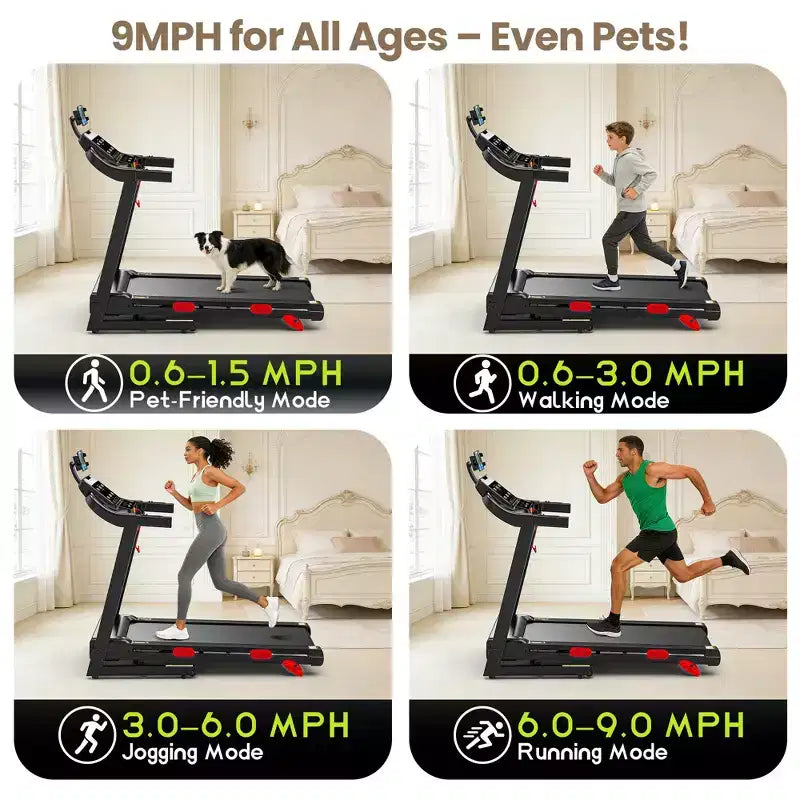 Tapis roulant da 3.5HP 9MPH, capacità 150 kg, pieghevole per casa con inclinazione e 105 programmi, corsa virtuale con APP, ammortizzazione ad aria, tapis roulant portatile per jogging e camminata