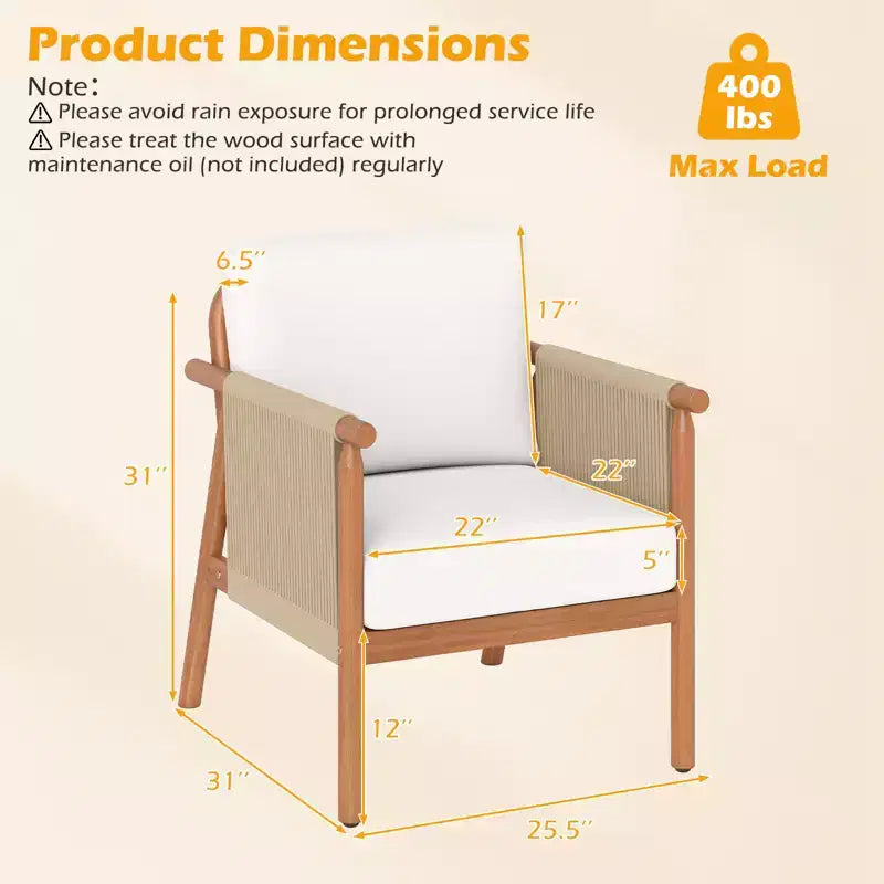 Costway Patio Acacia Wood Chair with Woven Rope Armrests & Seat Back Cushions for Backyard Natural + Gray/White