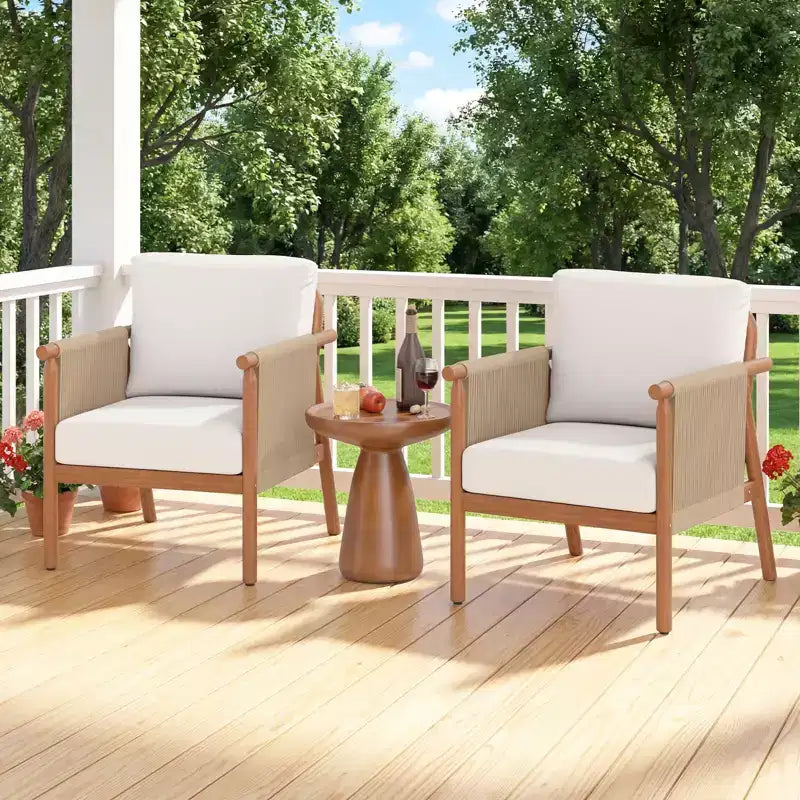 Costway Patio Acacia Wood Chair with Woven Rope Armrests & Seat Back Cushions for Backyard Natural + Gray/White