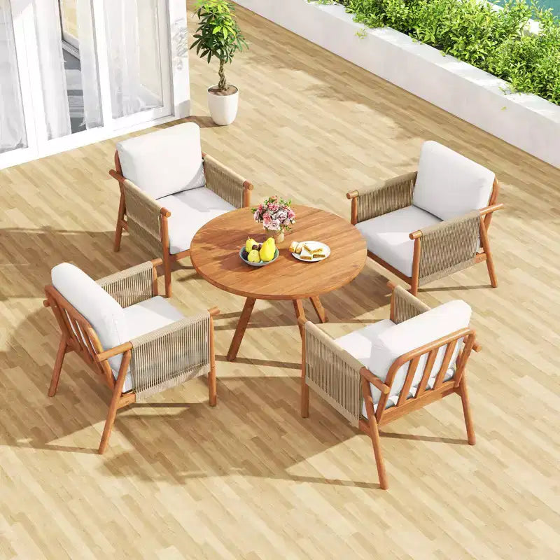Costway Patio Acacia Wood Chair with Woven Rope Armrests & Seat Back Cushions for Backyard Natural + Gray/White