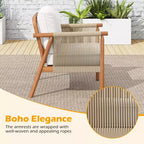 Costway Patio Acacia Wood Chair with Woven Rope Armrests & Seat Back Cushions for Backyard Natural + Gray/White