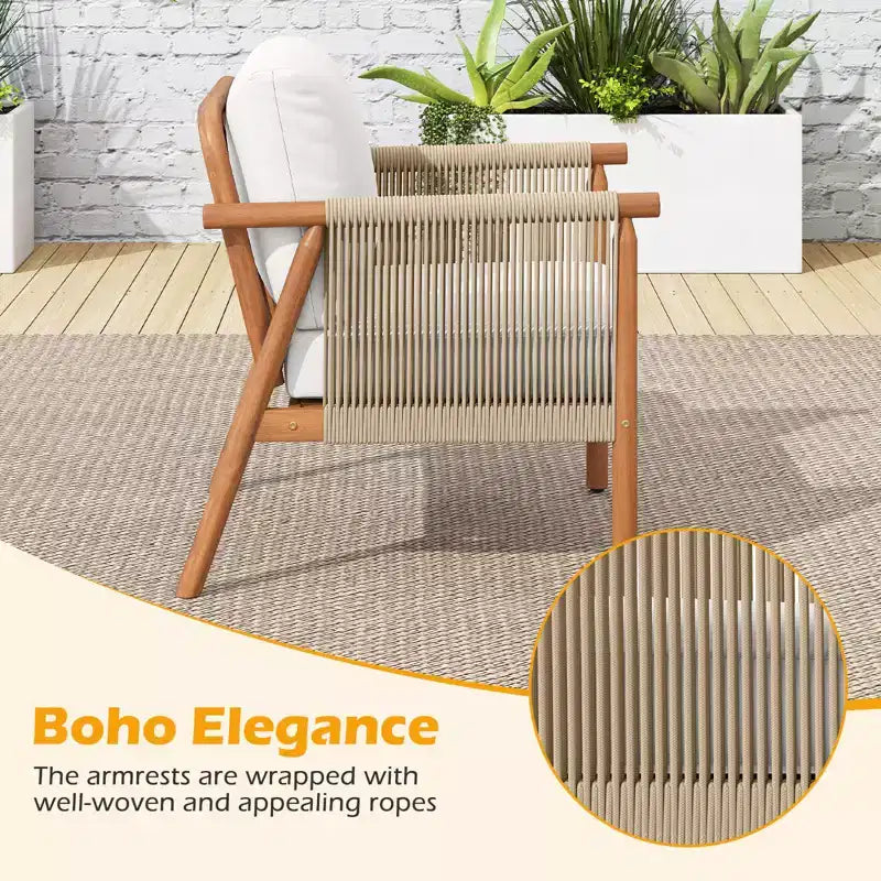 Costway Patio Acacia Wood Chair with Woven Rope Armrests & Seat Back Cushions for Backyard Natural + Gray/White