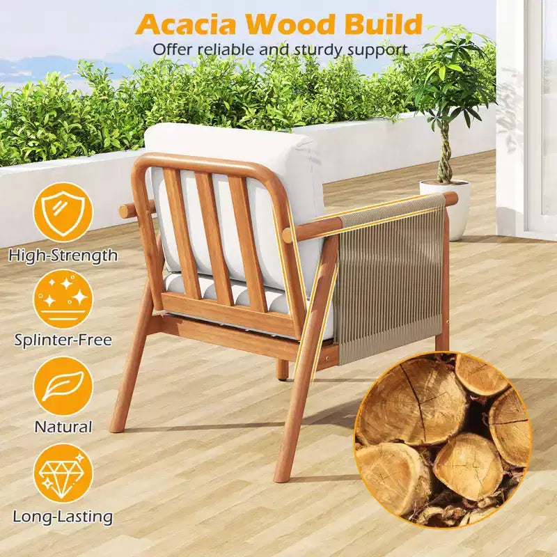 Costway Patio Acacia Wood Chair with Woven Rope Armrests & Seat Back Cushions for Backyard Natural + Gray/White