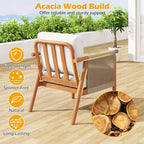 Costway Patio Acacia Wood Chair with Woven Rope Armrests & Seat Back Cushions for Backyard Natural + Gray/White