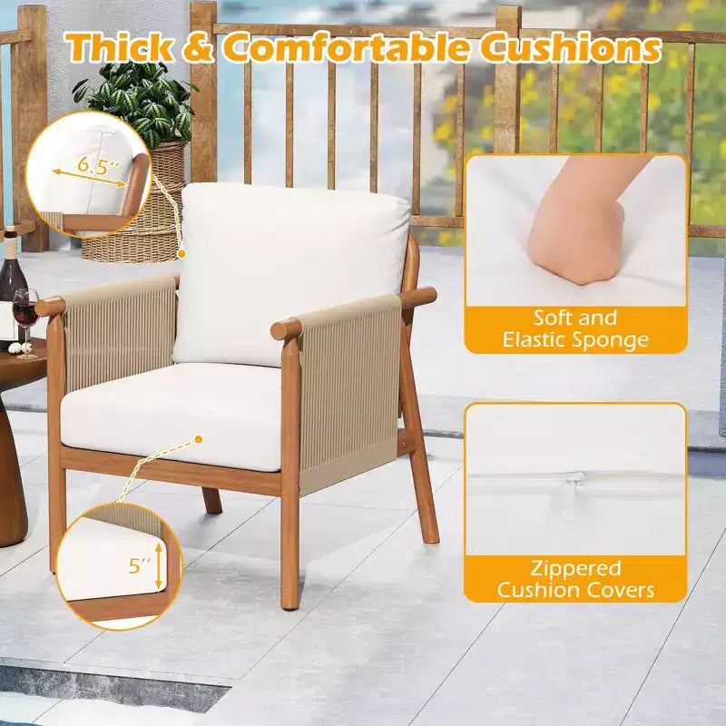 Costway Patio Acacia Wood Chair with Woven Rope Armrests & Seat Back Cushions for Backyard Natural + Gray/White