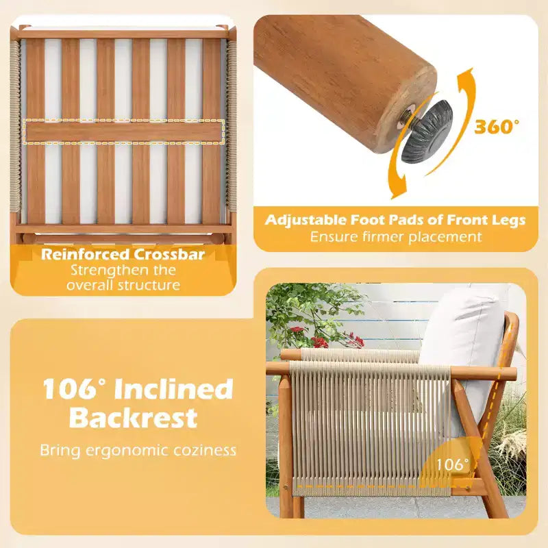 Costway Patio Acacia Wood Chair with Woven Rope Armrests & Seat Back Cushions for Backyard Natural + Gray/White