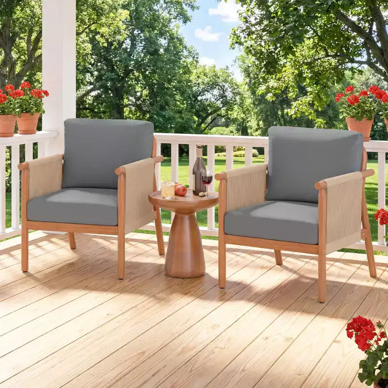 Costway Patio Acacia Wood Chair with Woven Rope Armrests & Seat Back Cushions for Backyard Natural + Gray/White