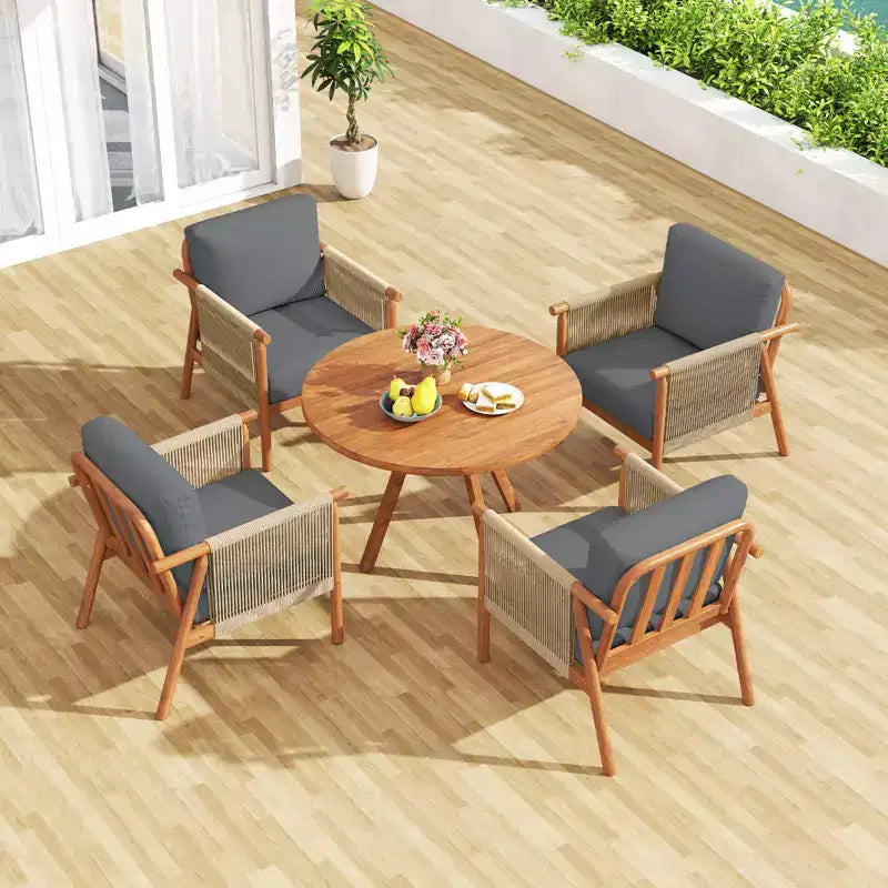 Costway Patio Acacia Wood Chair with Woven Rope Armrests & Seat Back Cushions for Backyard Natural + Gray/White