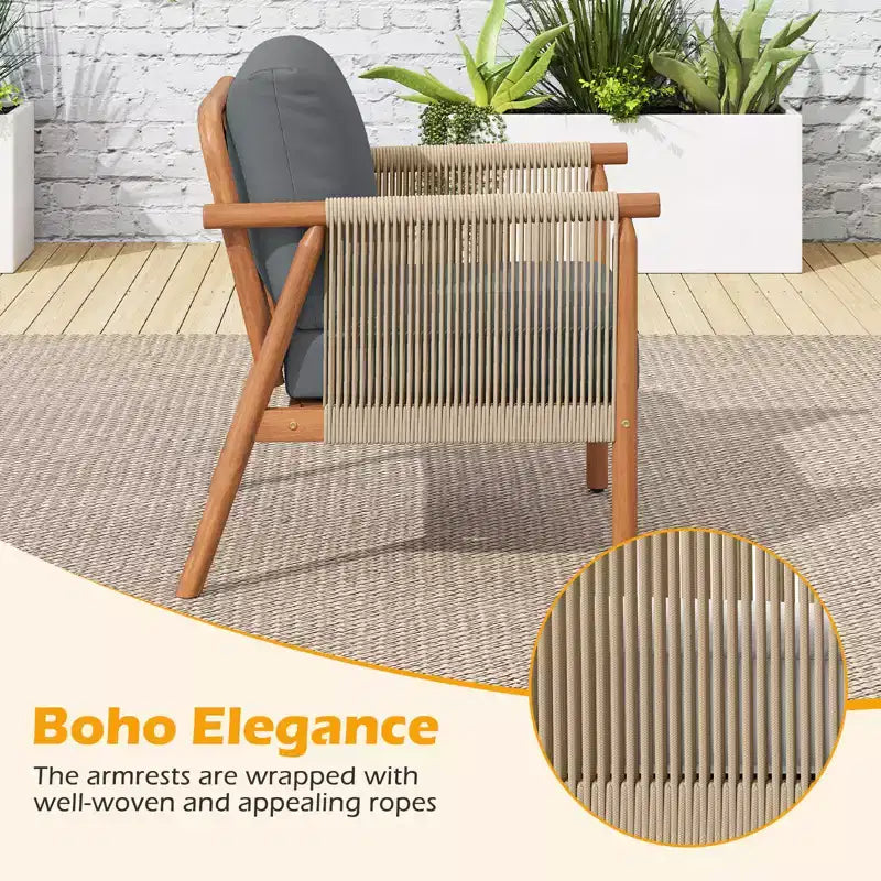 Costway Patio Acacia Wood Chair with Woven Rope Armrests & Seat Back Cushions for Backyard Natural + Gray/White