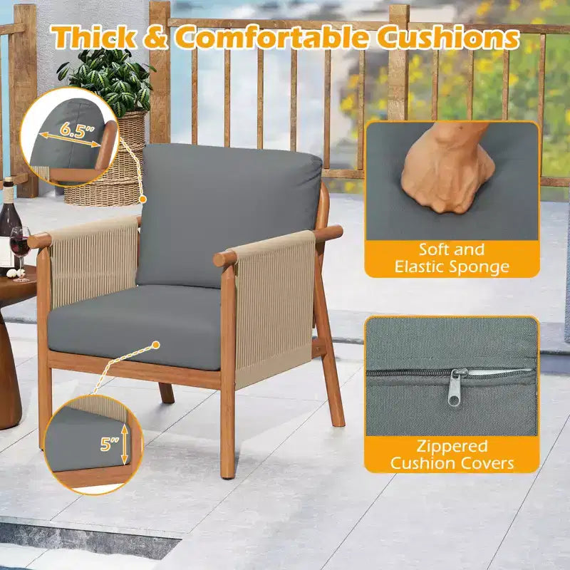 Costway Patio Acacia Wood Chair with Woven Rope Armrests & Seat Back Cushions for Backyard Natural + Gray/White