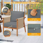 Costway Patio Acacia Wood Chair with Woven Rope Armrests & Seat Back Cushions for Backyard Natural + Gray/White