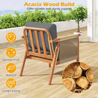 Costway Patio Acacia Wood Chair with Woven Rope Armrests & Seat Back Cushions for Backyard Natural + Gray/White