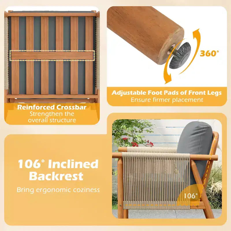 Costway Patio Acacia Wood Chair with Woven Rope Armrests & Seat Back Cushions for Backyard Natural + Gray/White