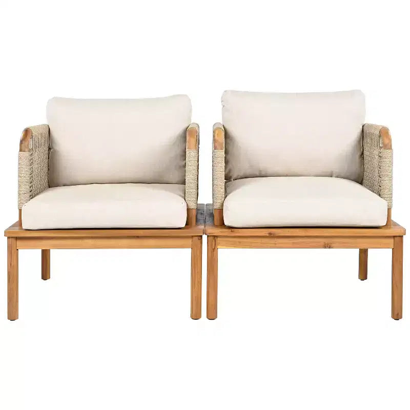 Set of 2 Acacia Wood Club Chairs with Rope Weave Design, Water-Repellent Cushions, Wide Deep Seats for Outdoor Relaxation