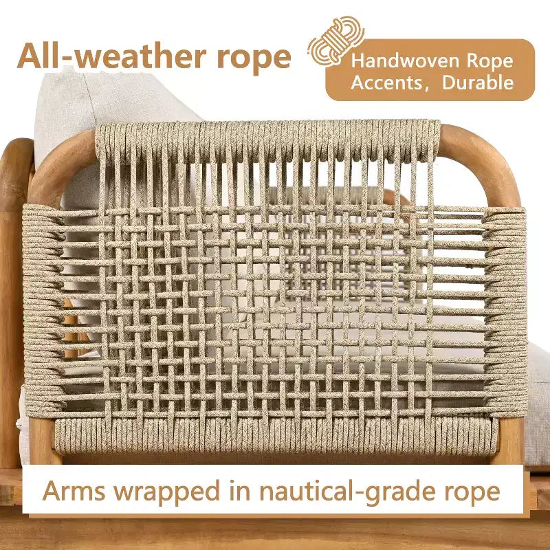 Set of 2 Acacia Wood Club Chairs with Rope Weave Design, Water-Repellent Cushions, Wide Deep Seats for Outdoor Relaxation