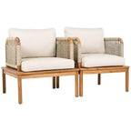 Set of 2 Acacia Wood Club Chairs with Rope Weave Design, Water-Repellent Cushions, Wide Deep Seats for Outdoor Relaxation