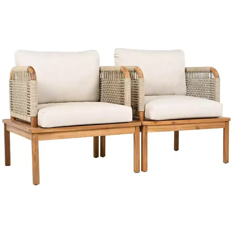 Set of 2 Acacia Wood Club Chairs with Rope Weave Design, Water-Repellent Cushions, Wide Deep Seats for Outdoor Relaxation