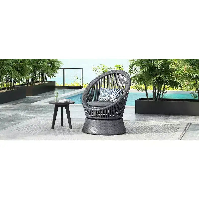 Poltrona girevole in vimini grigio da 67,8 cm con telaio in ferro, cuscino imbottito, rattan PE per patio o balcone