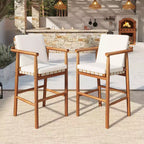 Set of 2 Acacia Wood Counter Height Bar Stools with Removable Cushions, Webbing Seat, Adjustable Feet for Outdoor Use