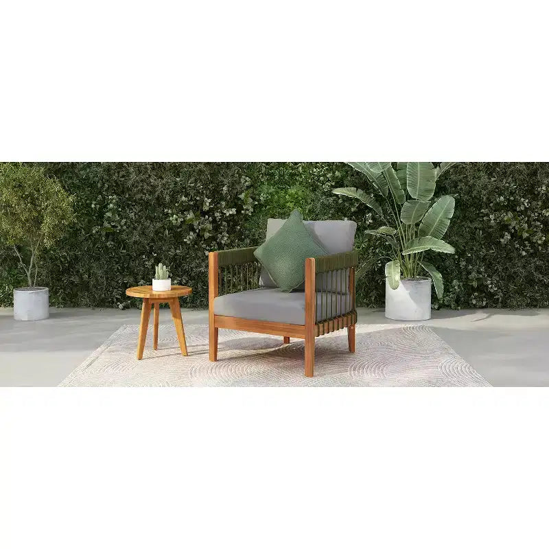 Acacia Wood Outdoor Club Chair with Handwoven Rope Accents, Curved Backrest, Water-Resistant Cushions, Slat Paneling for Porch or Garden