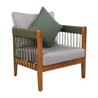 Acacia Wood Outdoor Club Chair with Handwoven Rope Accents, Curved Backrest, Water-Resistant Cushions, Slat Paneling for Porch or Garden