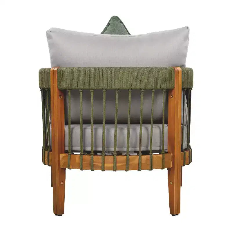 Acacia Wood Outdoor Club Chair with Handwoven Rope Accents, Curved Backrest, Water-Resistant Cushions, Slat Paneling for Porch or Garden