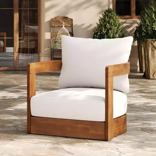 Acacia Wood Outdoor Club Chair with Curved Tub Design, Water-Resistant Cushions, Slat Detailing for Patio or Garden